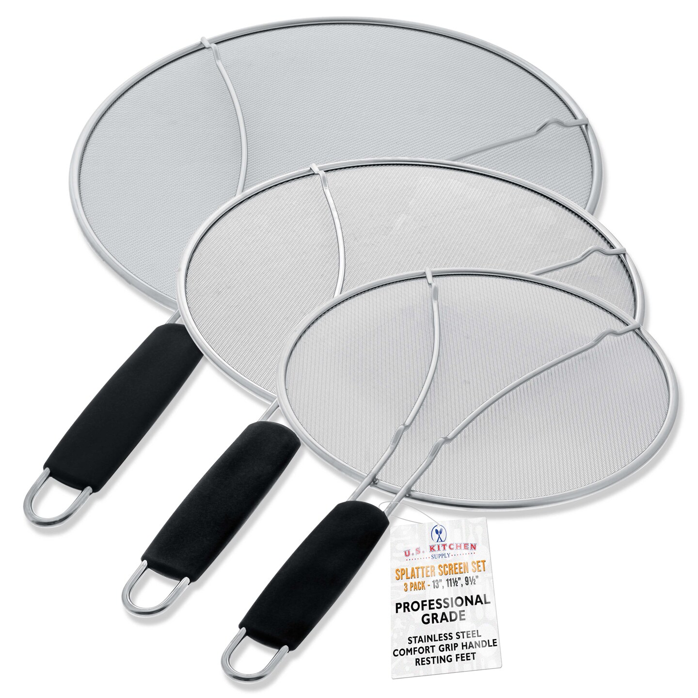 3-Piece Stainless Steel Splatter Guard Set (13&#x22;, 11.5&#x22;, 9.5&#x22;) Fine Mesh Cover, Grease &#x26; Oil, Splatter Screen for Frying Pan, Cooking Pots, with Resting Feet &#x26; Comfort Grip Handles