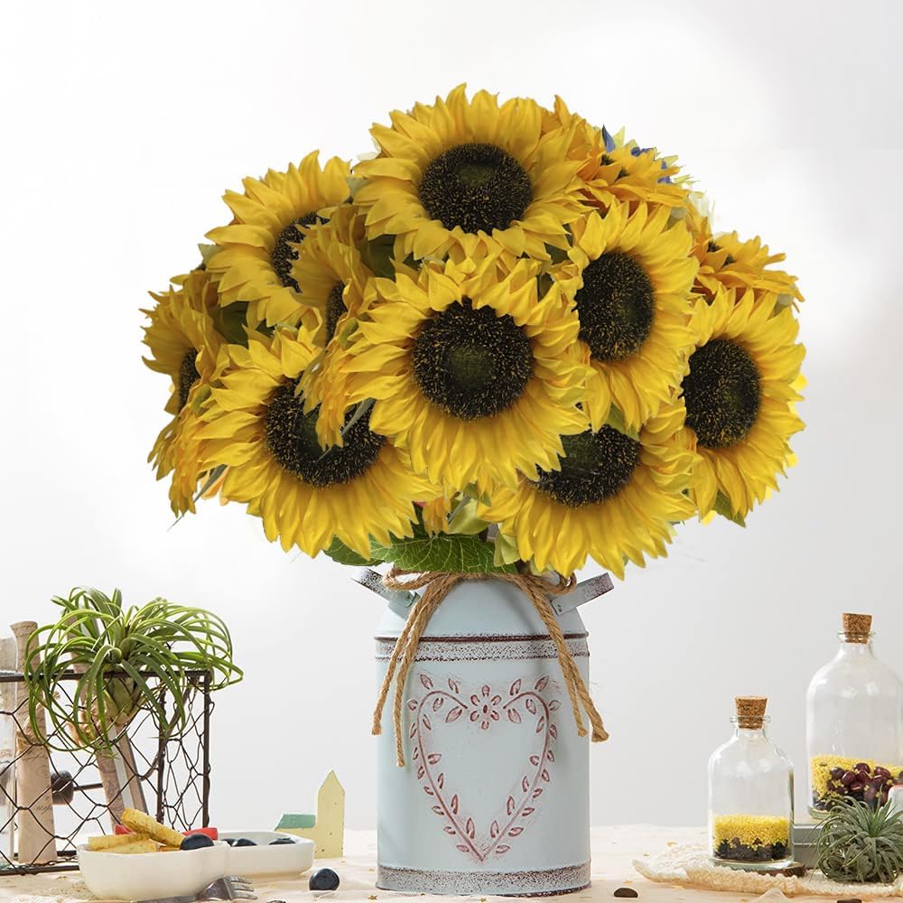 Summer Floral Arrangement - 12PCS Artificial Sunflowers with Stems, Silk Yellow Flowers for Home Decor, Party, and Bulk Decorations