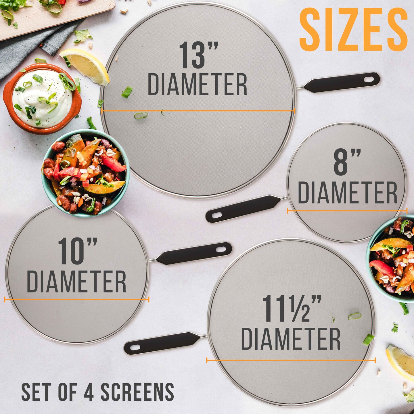 4-Piece Stainless Steel Splatter Guard Set (13&#x22;, 11.5&#x22;, 10&#x22;,8&#x201D;) Fine Mesh Cover, Grease &#x26; Oil, Splatter Screen for Frying Pan, Cooking Pots, with Comfort Grip Handles