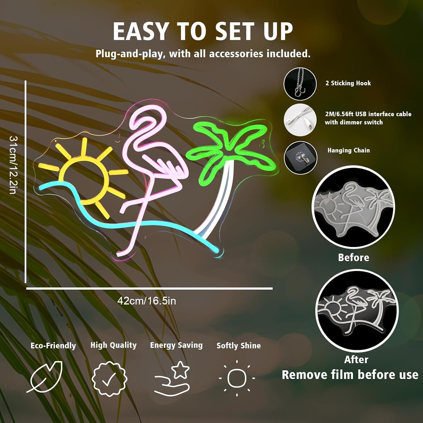 Summer Flamingo &#x26; Palm Tree Neon Sign &#x2013; Wall Decor for Home Bar, Beach Restaurant &#x26; Party (16.5&#x22; x 12.2&#x22;)
