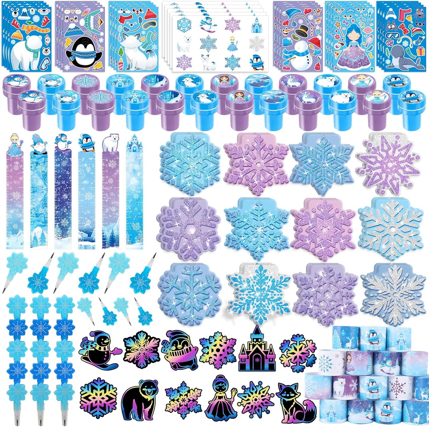 BenLouis 216Pcs Frozen School Stationery Party Favors Winter Snowflake Themed Classroom Gift Reward Prizes Bulk for Students Kids Holiday Frozen Birthday Goodie Bag Stuffers Pinata Filler