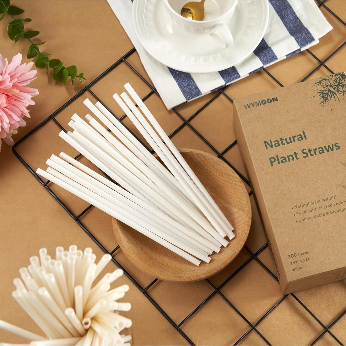 Biodegradable Straws made of Natural Plant | 200 PCS 7.8'' Compostable Eco-Friendly Drinking Straws Disposable | Durable for Hot & Cold Drinks
