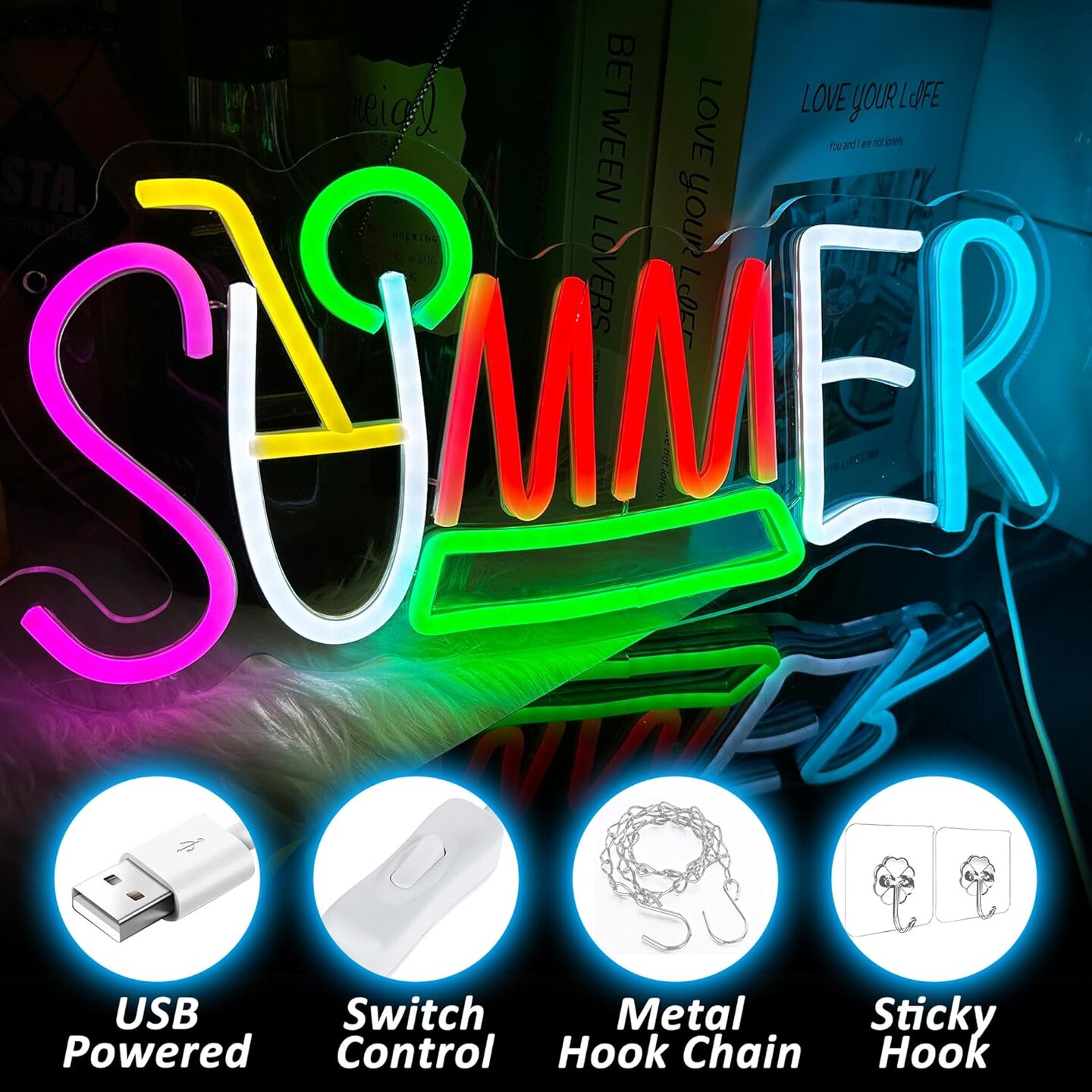 Summer Neon Surf Wave Sign &#x2013; USB Powered Tropical LED Wall Decor for Bar, Game Room &#x26; Living Room