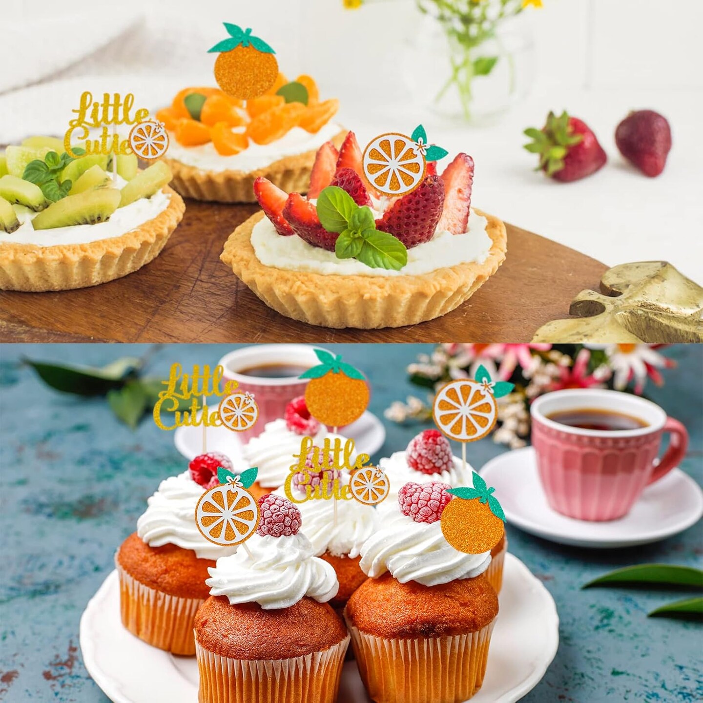36 Pieces Little Cutie Glitter Cupcake Toppers – Orange Citrus Party Picks for Baby Shower, Kids Birthday & Themed Party Decorations