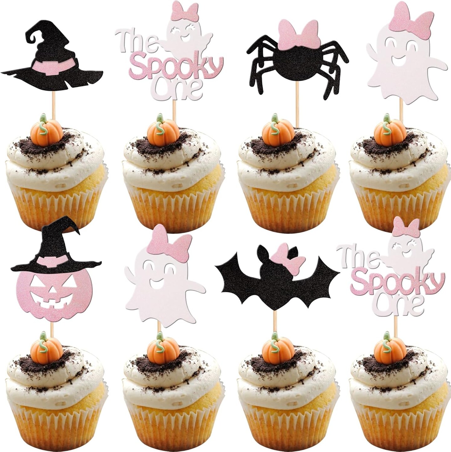 24-Pack “Spooky One” Halloween Cupcake Toppers – Pink & Black Glitter Bats, Pumpkins, Spiders & Witch Hats for Baby Showers, Girls’ 1st Birthdays & Halloween Party Decorations