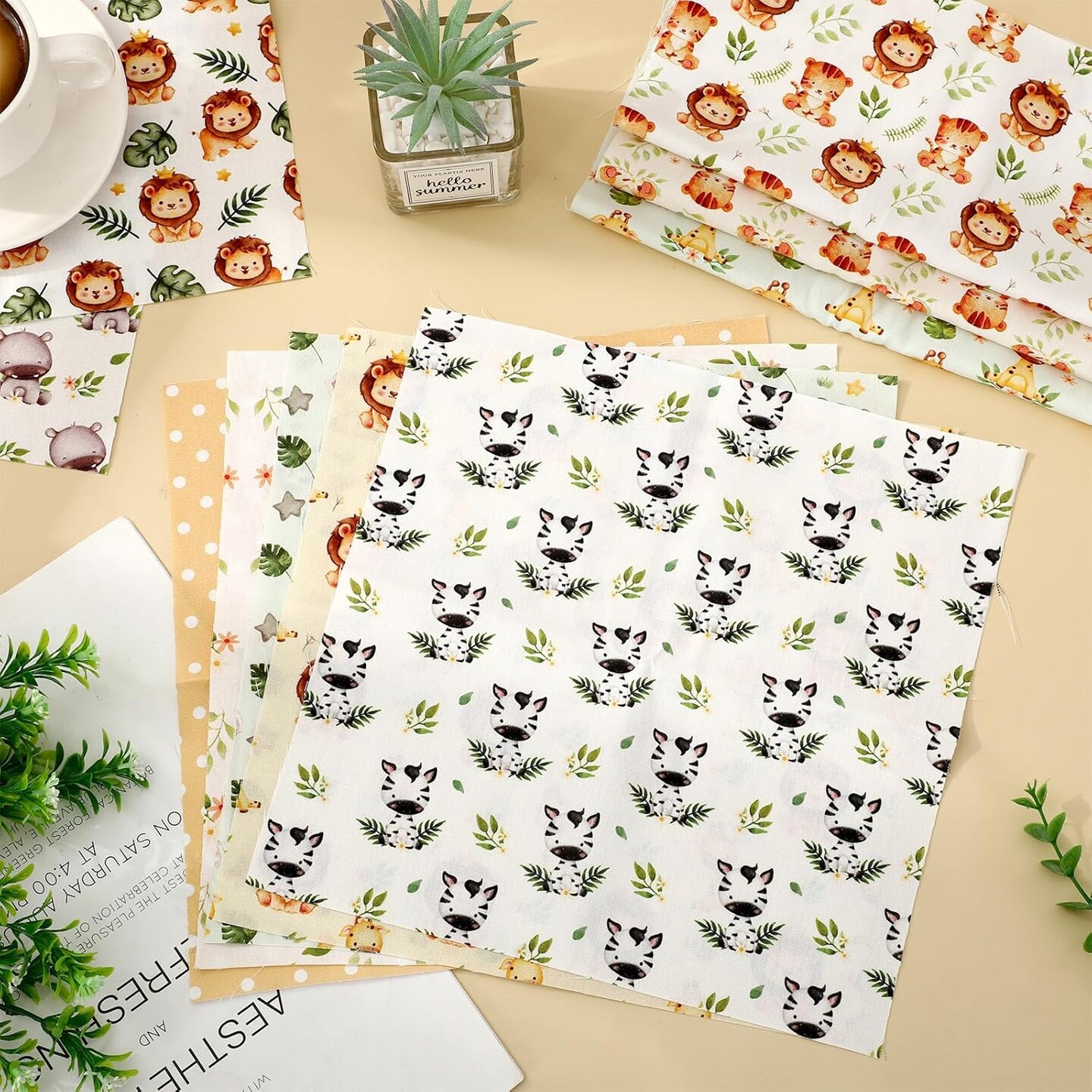 12Pcs Safari Cotton Fabric Bundles Watercolor Safari Animals Printed Fabric,10 x 10 in