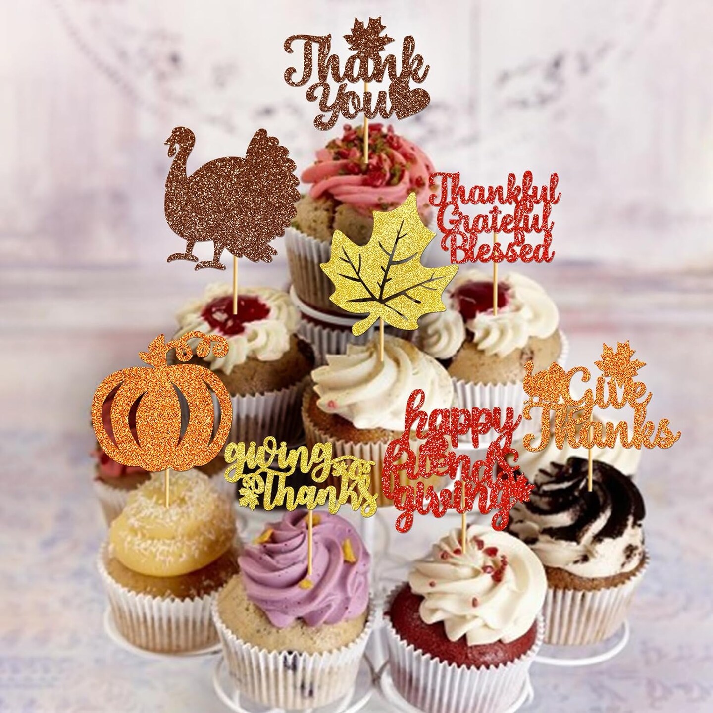 40-Pack Friendsgiving & Thanksgiving Cupcake Toppers – “Give Thanks” Fall-Themed Decorations with 8 Designs for Cupcakes, Cakes & Party Displays