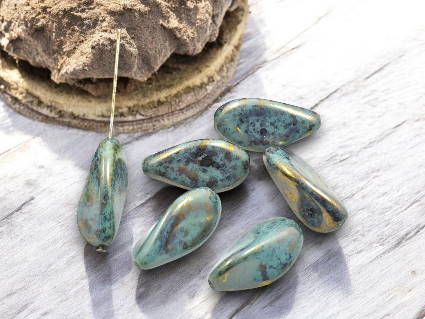*6* 24x13mm Opaque Bronzed Turquoise Twisted Oblong Oval Beads