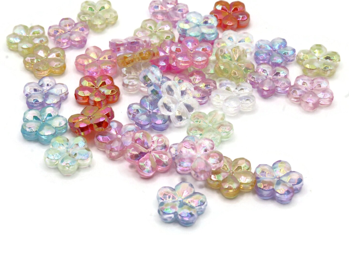 40 14mm Assorted Color Clear Flower Plastic Coin Beads