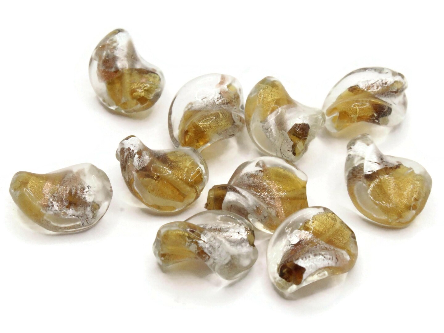 10 15mm Silver and Gold Lampwork Glass Flat Oval Twist Beads