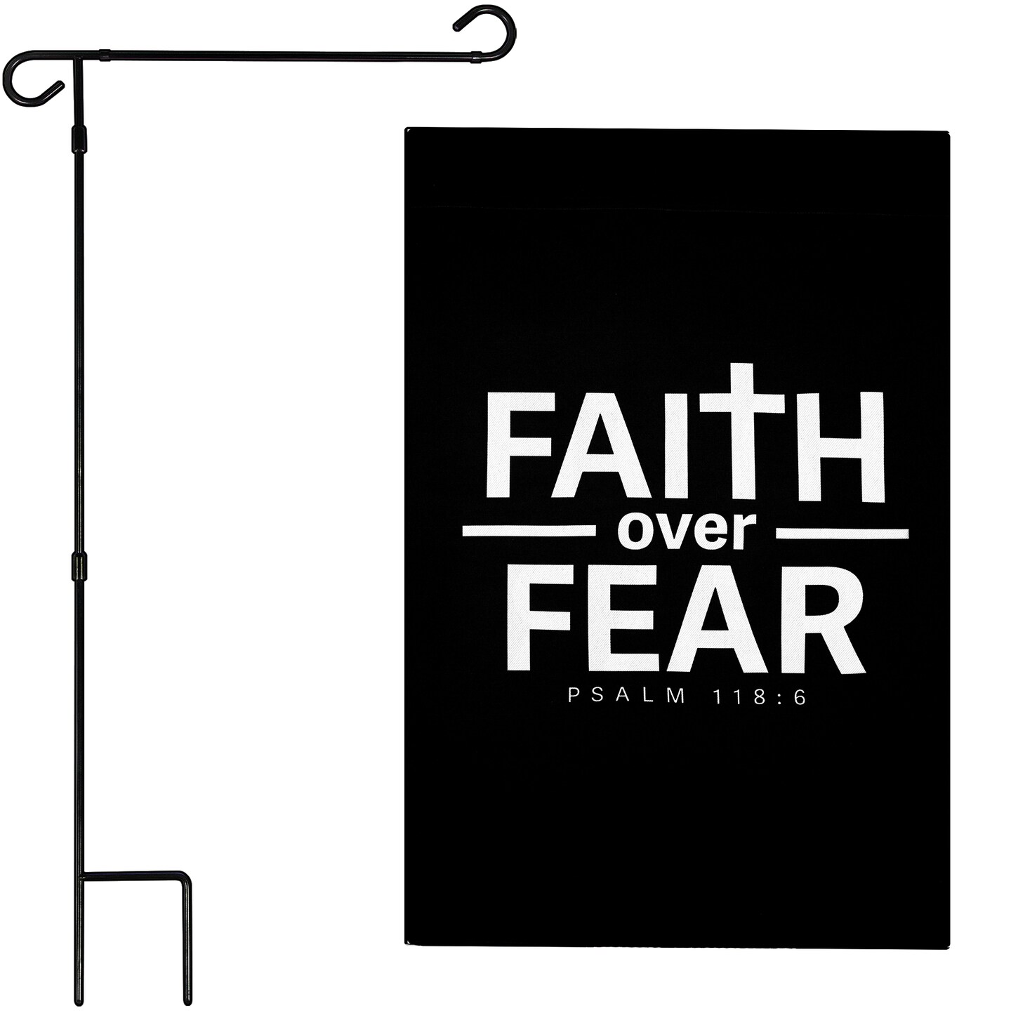 G128 Combo Pack Garden Flag Stand Black 36x16IN & Garden Flag Faith Over Fear Scripture Printed 12x18IN Double Sided Yard Garden Lawn Decoration
