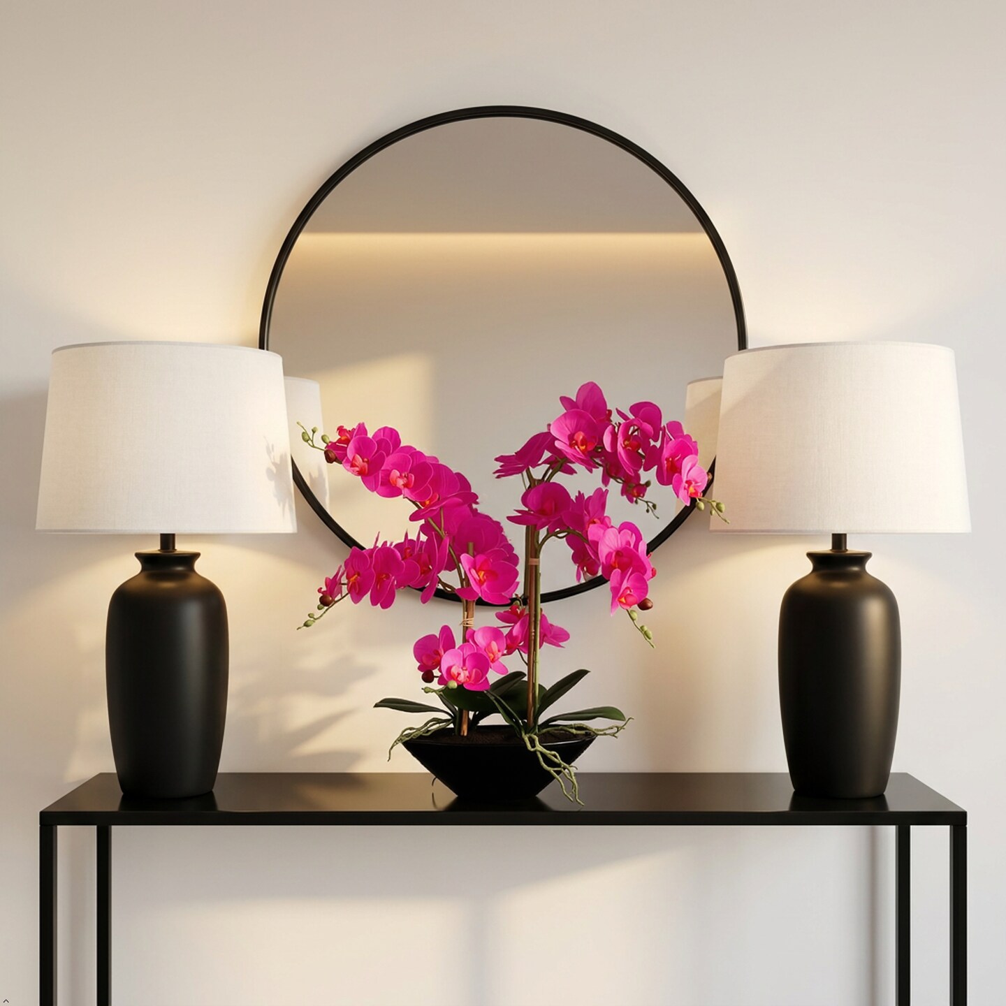 Fuchsia Phalaenopsis Orchid 20" with 6 Buds in Black Vase - Lifelike Silk Flower Arrangement for Elegant Home & Office Decor - Realistic Orchid Design, Floral Home by Artificial Flowers