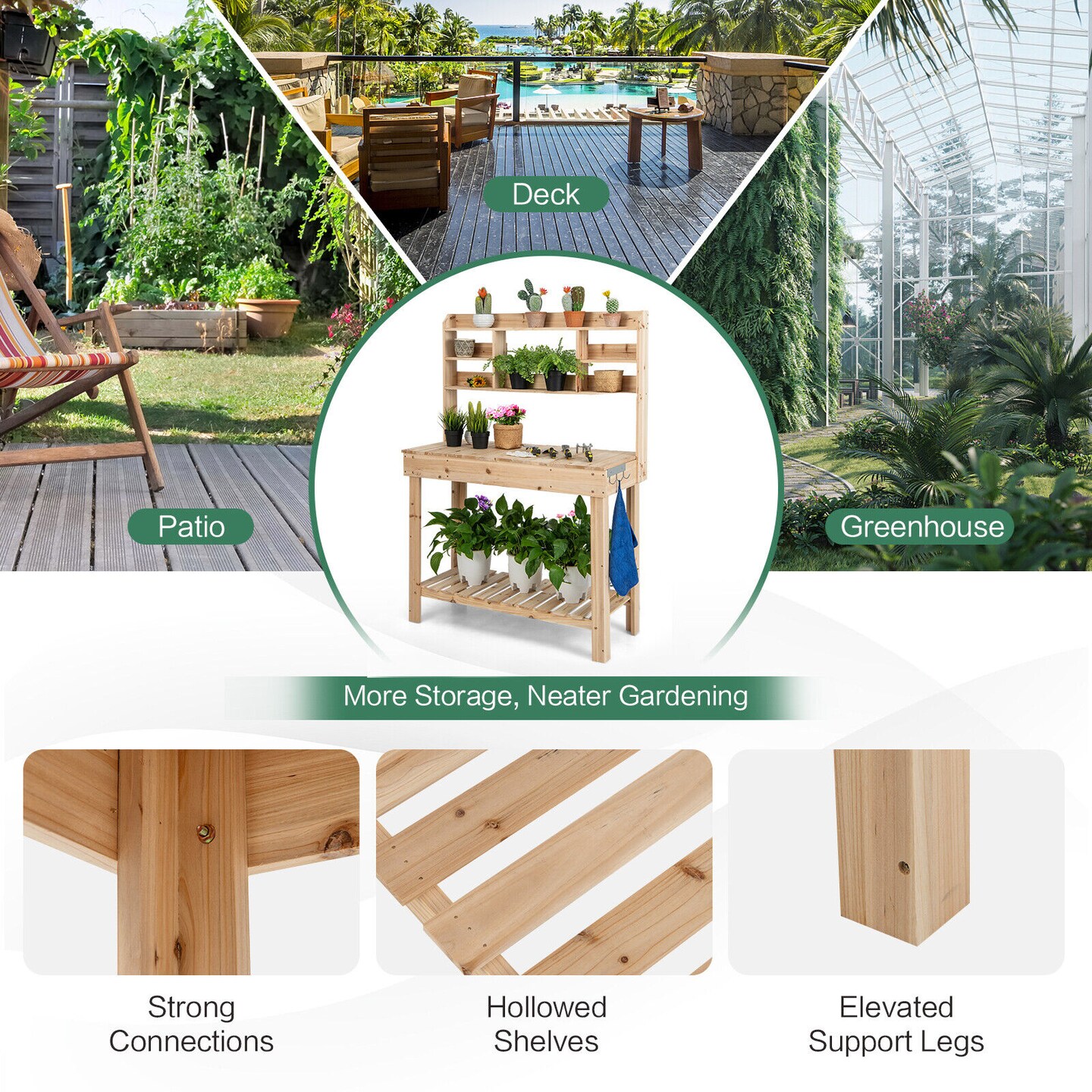 Wooden Garden Potting Table with Display Shelf and Built-In Sink