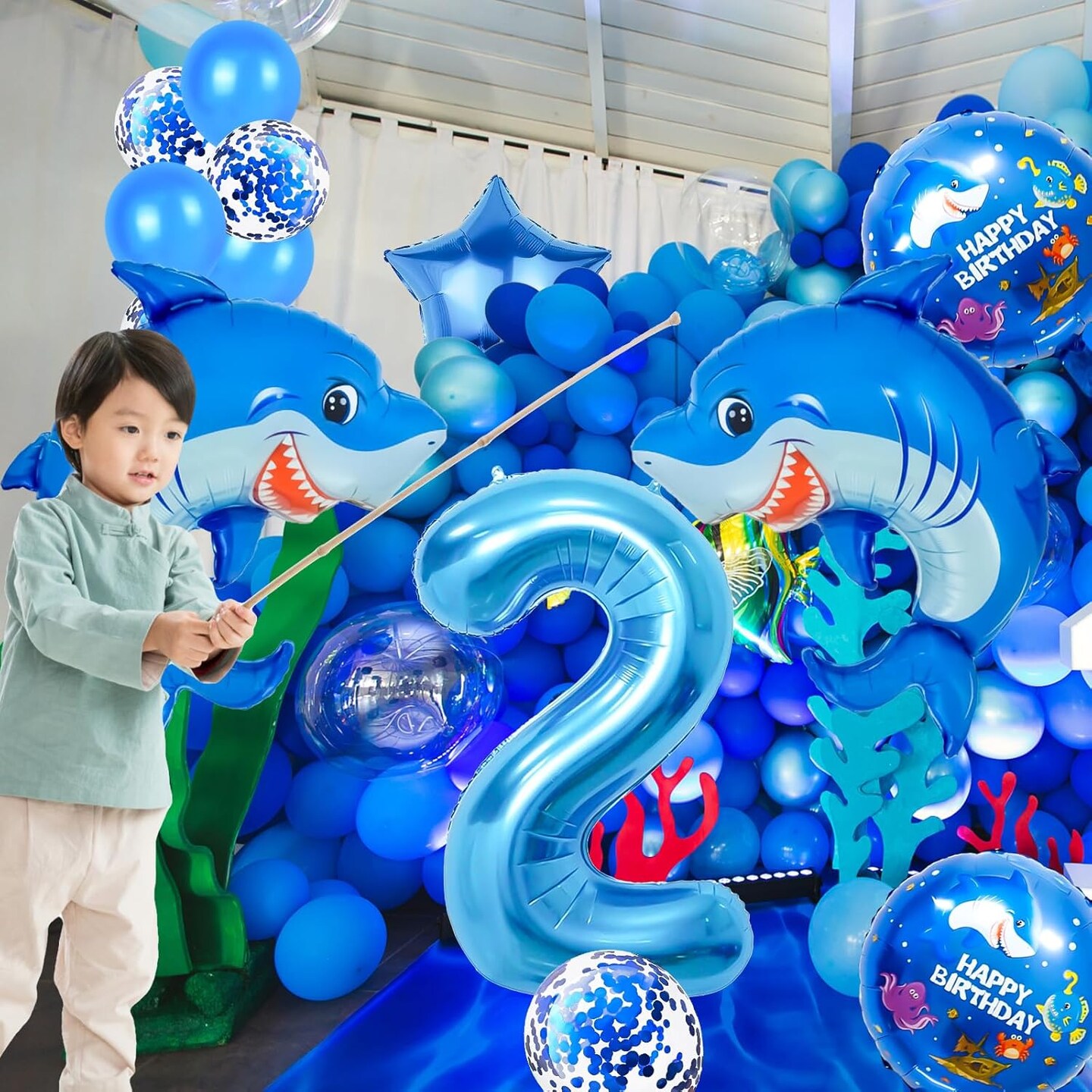 40 Inch Number 2 Balloon – Cute Blue Shark Giant Foil Balloon for 2nd Birthday, Anniversary, Kids’ Shark-Themed Party & Banquet Decoration (Shark-2)