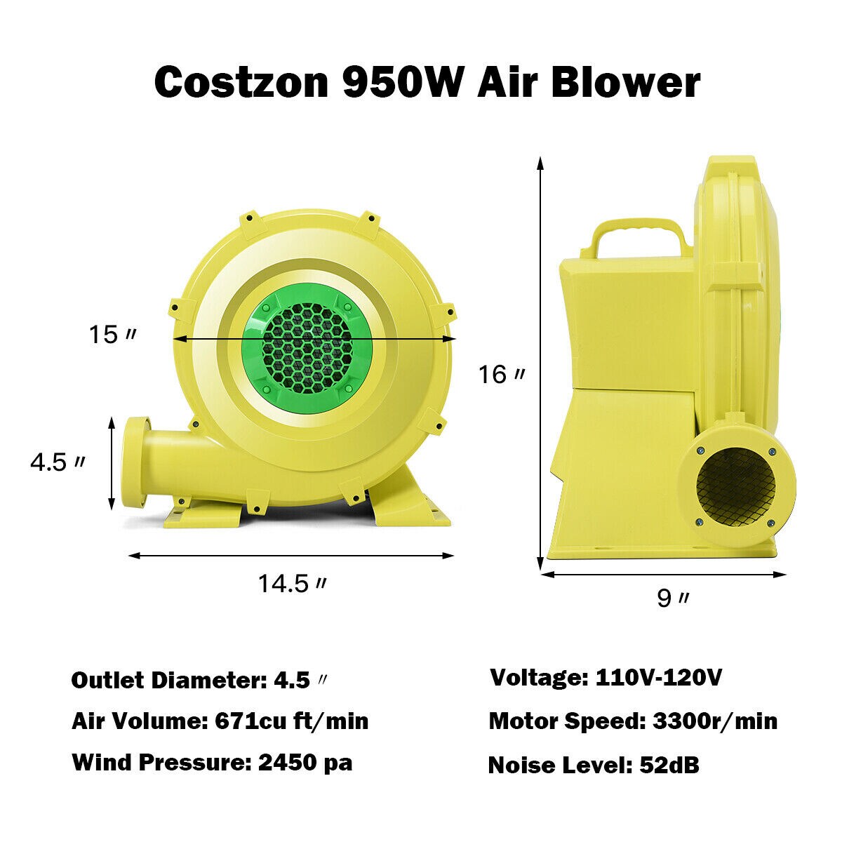 Costway Air Blower Pump Fan 950 Watt 1.25HP For Inflatable Bounce House Bouncy Castle