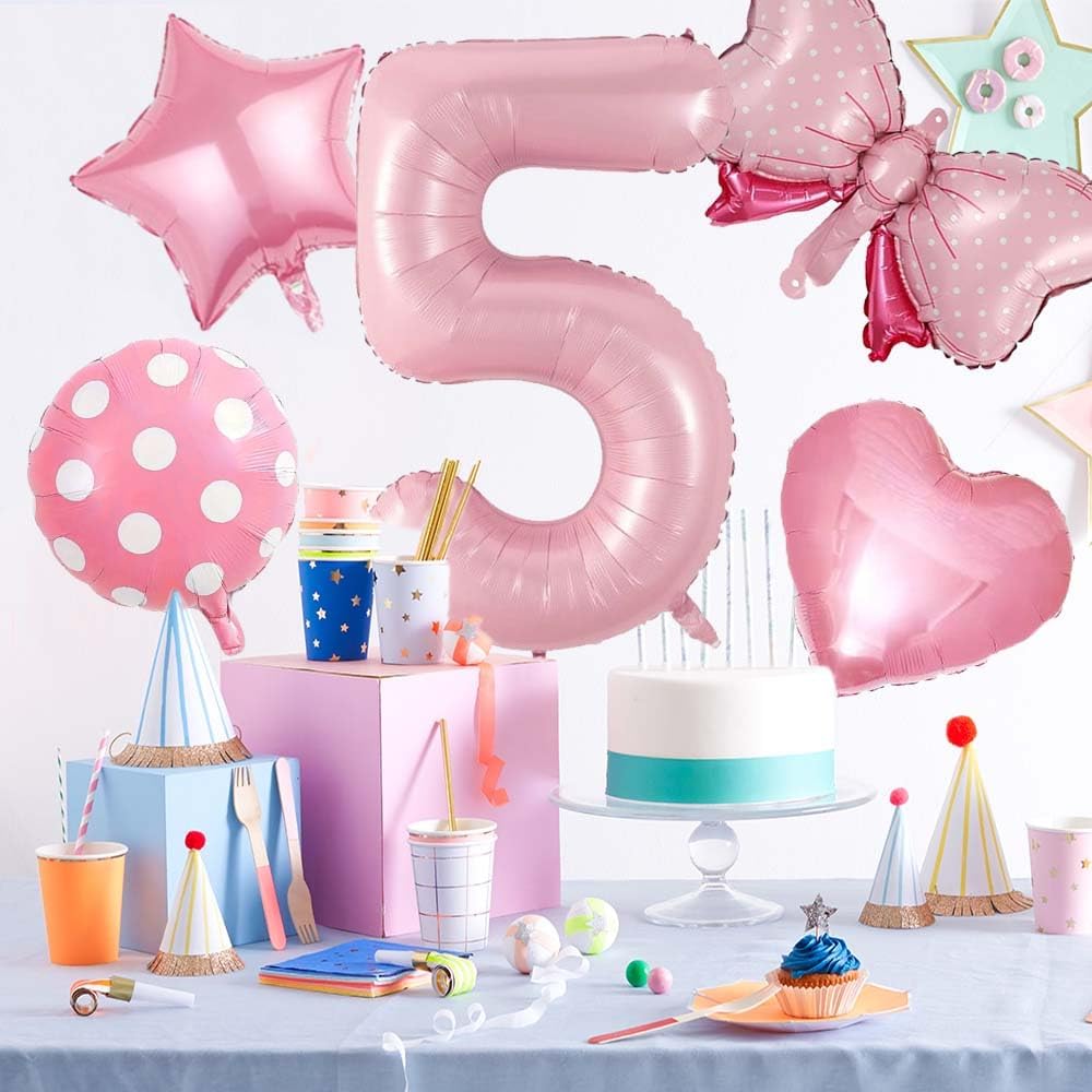 40 Inch Number 5 Balloon with Bow – Pink Jumbo Happy Birthday Balloon for Girls’ Birthday Party Decorations & Supplies