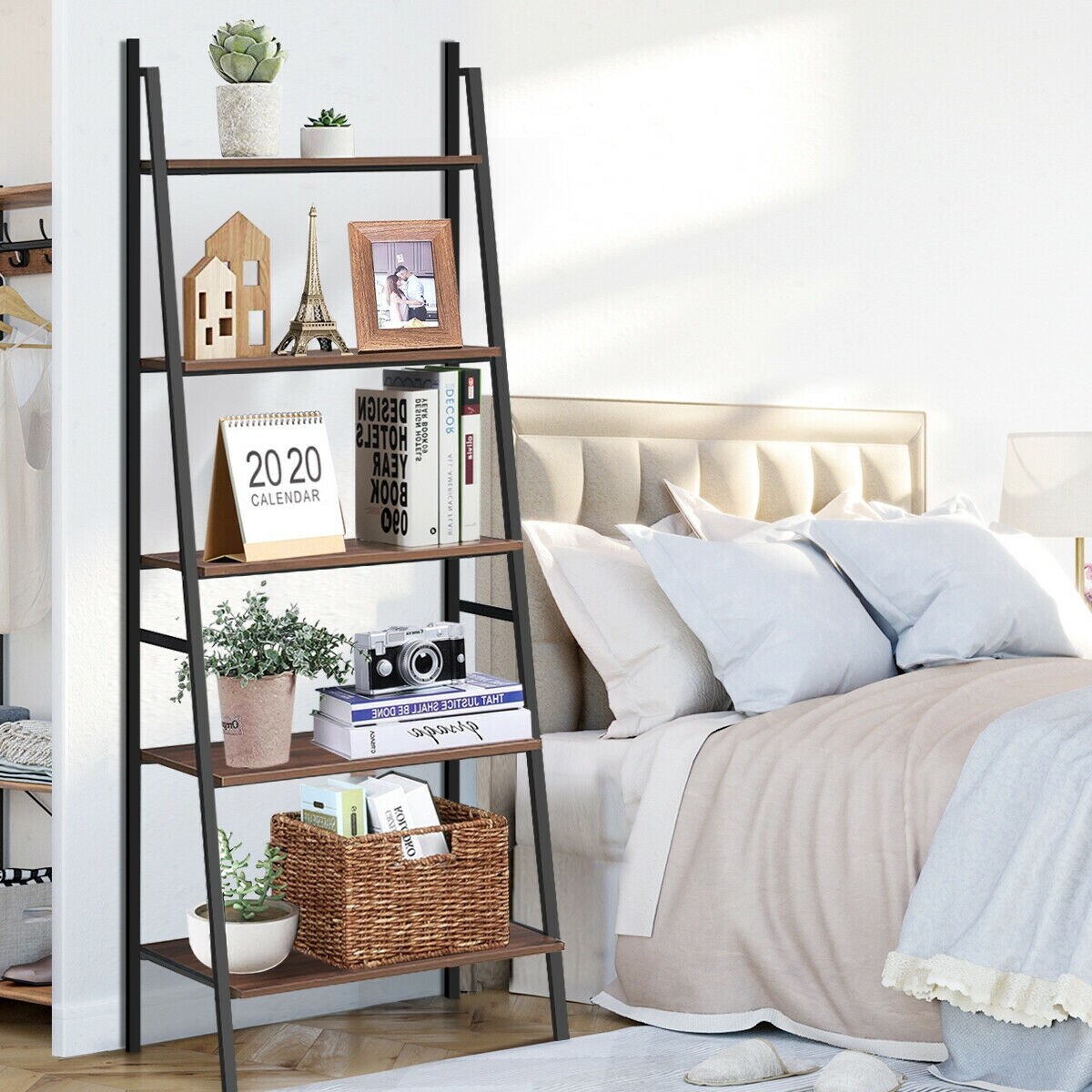 Leaning Ladder Bookshelf 5 Tier, Wood Metal Bookcase Storage Shelf