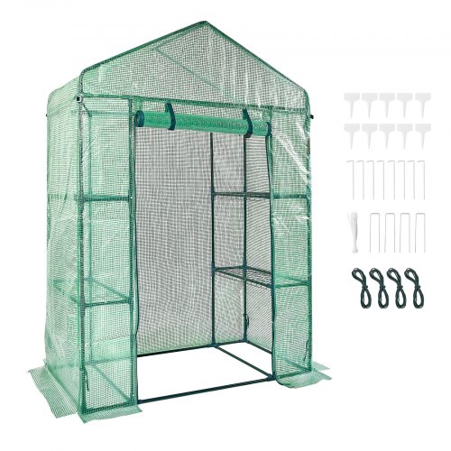Walk-in Greenhouse Kit with Shelves, Steel Frame, PE Cover, Door and Vent Windows