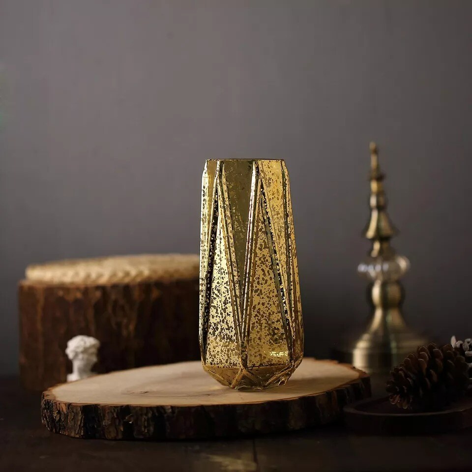 2 pcs 8" tall Gold Mercury Glass Geometric Vases Wedding Home Party Centerpieces