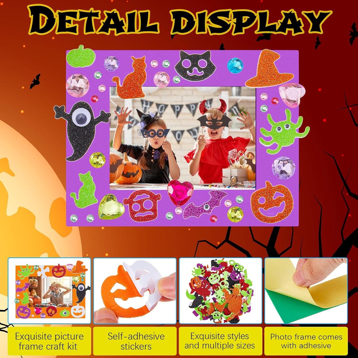 Kits for Kids, Foam Picture Frames DIY Craft Photo Frames with Pumpkin Ghost Foam Stickers Eyeball Stickers Gem Stickers for Kids Party Home Classroom Activities