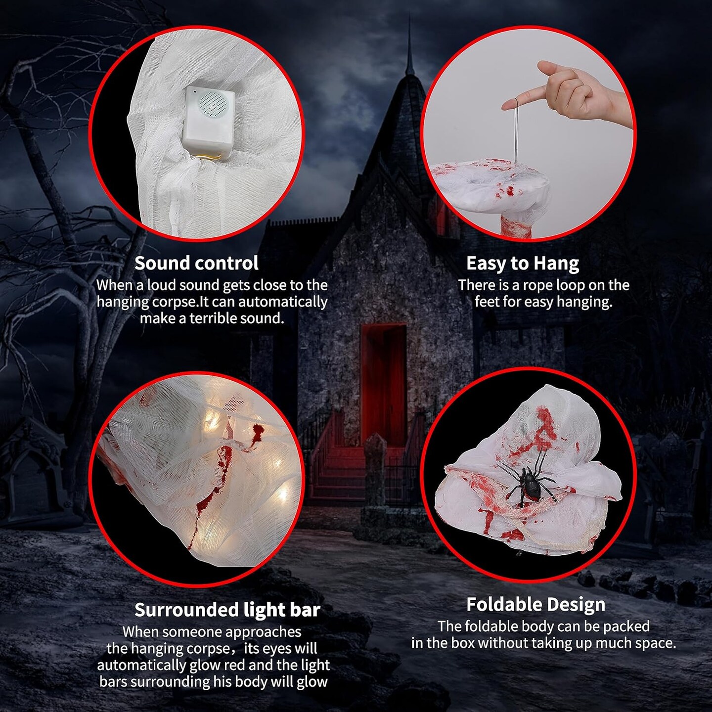 Hanging Decor Scary Corpse Props Lighted Realistic with Led Skull Eyes Spooky Sound, Haunted House Props for Indoor Outdoor Home Hallomas Party 72 Inches