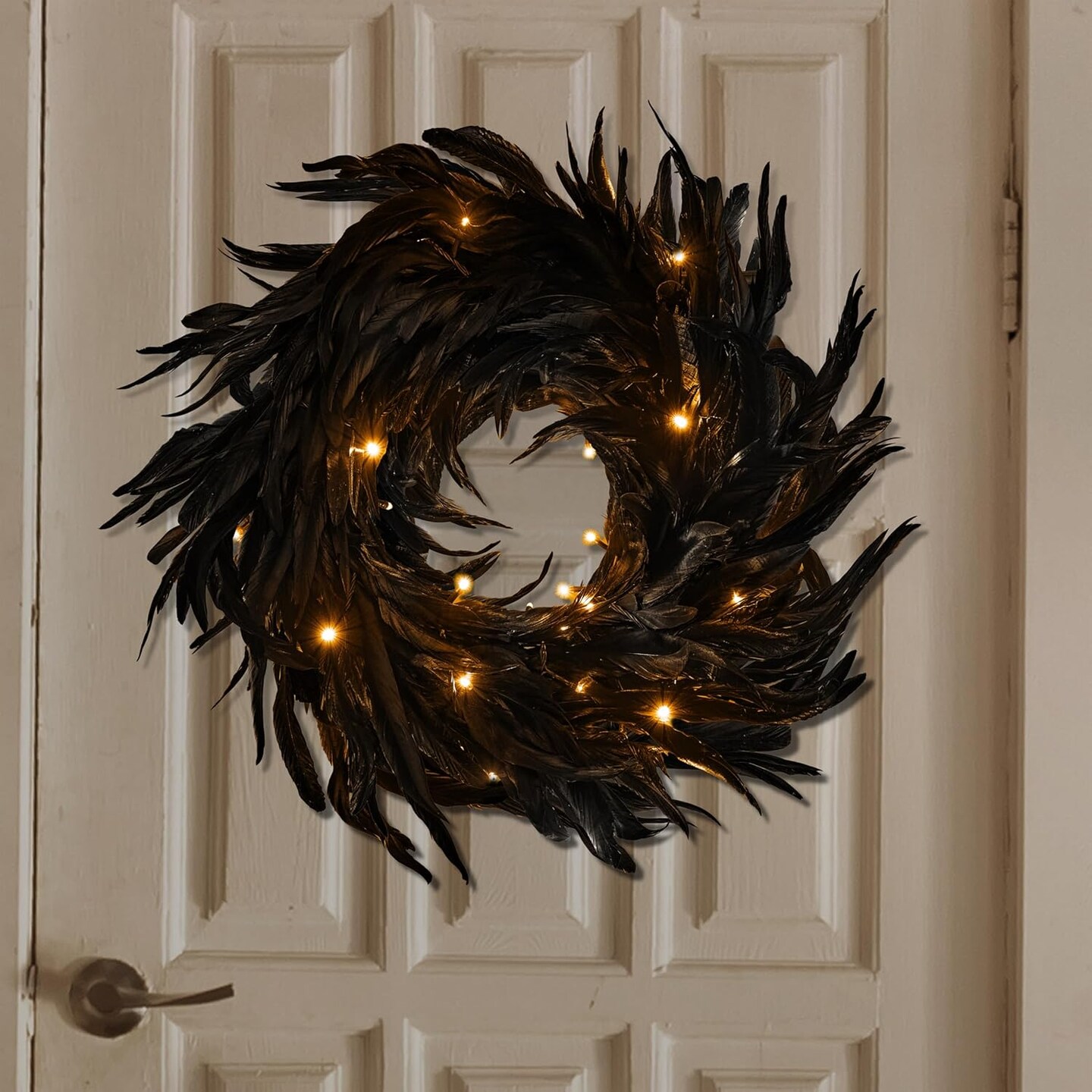 Natural Feathers Wreath 13.5&#x22; in Black for Halloween Decorations, Spooky Scene Party Favors, Halloween Photo Props, Trick of Treat, Front Door
