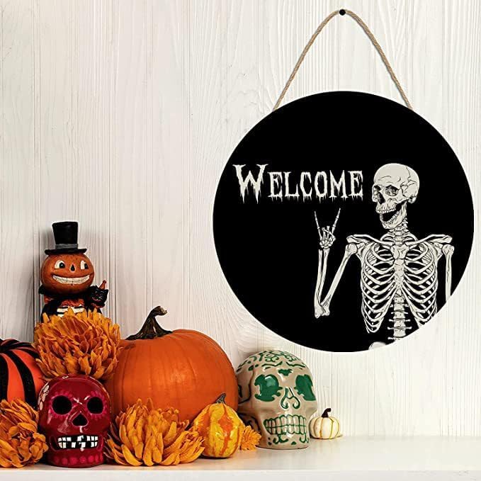 Halloween Wreath Door Sign Decorations Wreath Skull Welcome Door Sign Front for Door Decoration, Rustic Wooden Holiday Decor for Porch Window Wall Farmhouse Indoor Outdoor(Human Skeleton)