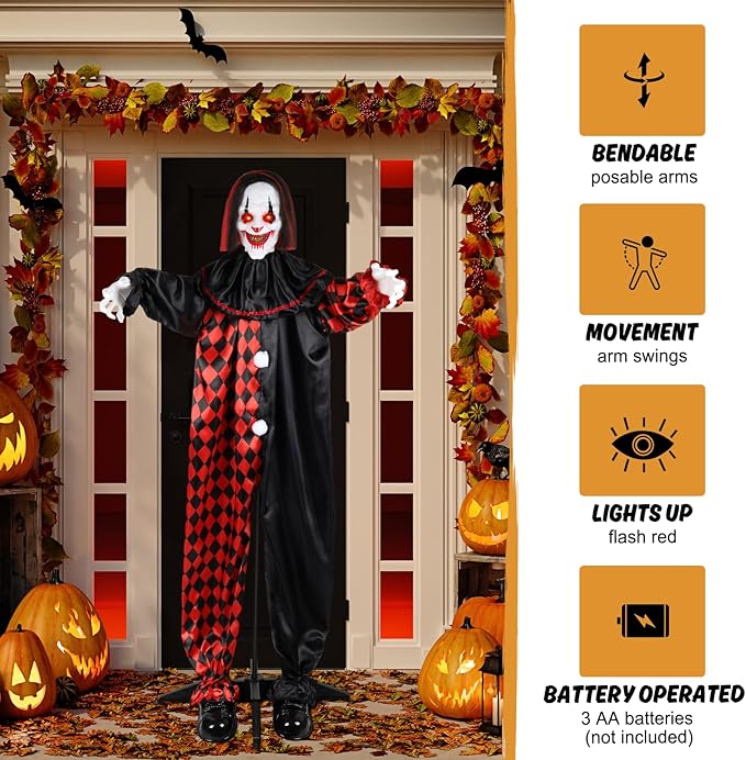 Animatronic Clown with LED Eyes and Creepy Sound, Life Size Animated Halloween Decorations Outdoor for Haunted House Props Decor Lawn Yard Patio