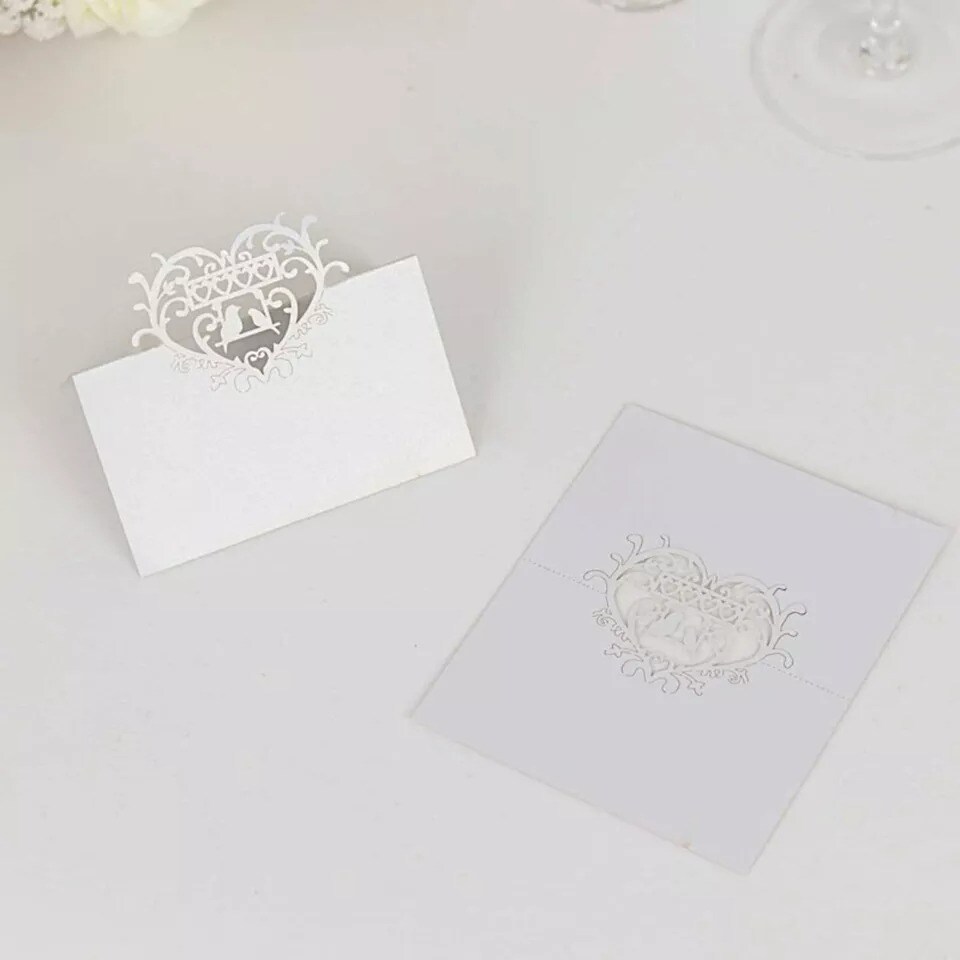 50 White Paper Table Name Place Cards Laser Cut Heart Top Party Events Supplies