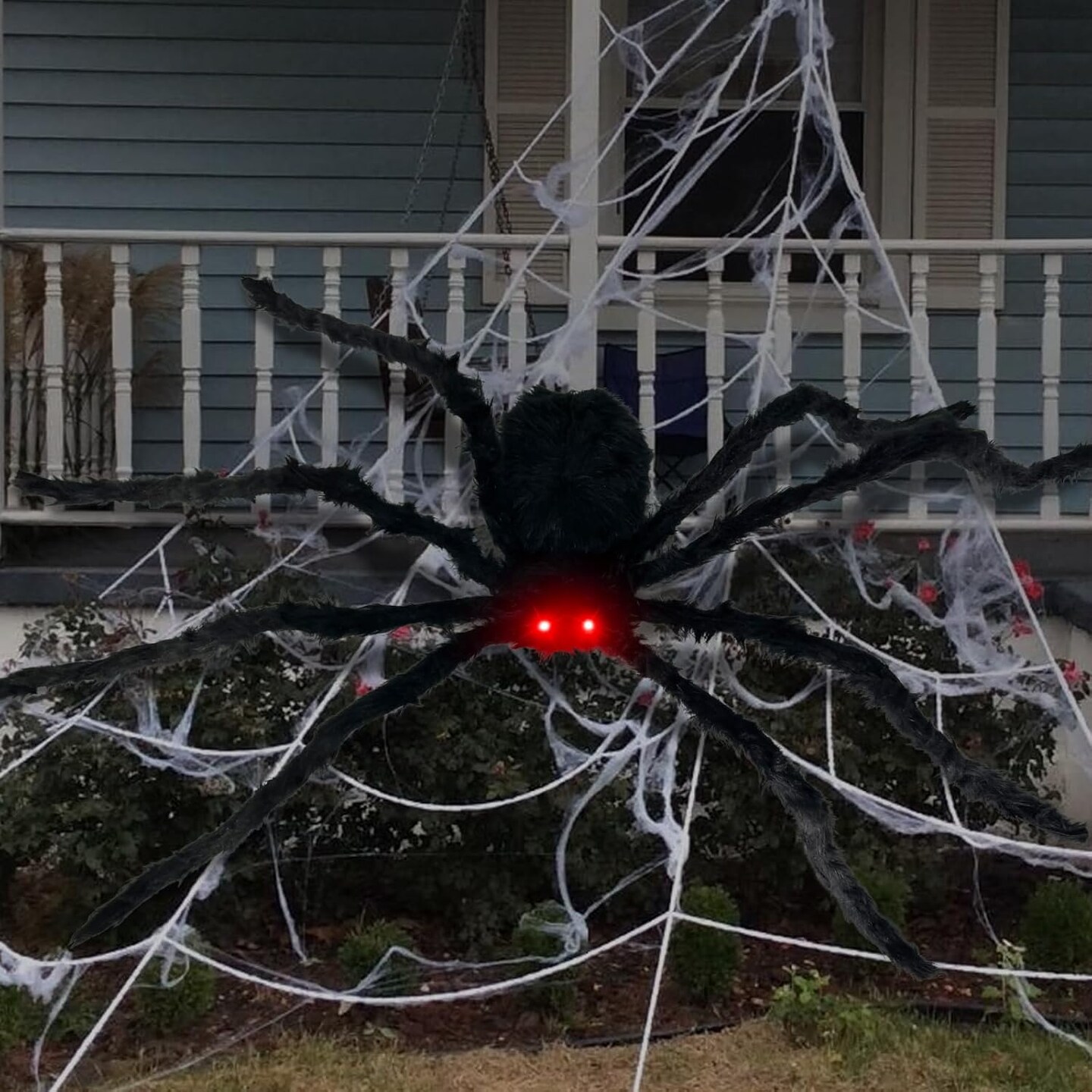 5.3 Ft Gaint Halloween Spider Decorations Black Hairy Crawling Spide with Red Lighted Eyes,Hissing Sound Sensor Halloween Animatronics Decorations Scary Spider for Party Haunted House Outdoor Indoor