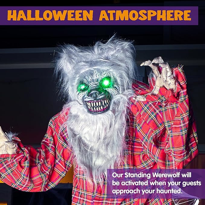 Scary Halloween Werewolf Decorations with LED Eyes and Creepy Sound, Life Size Animated Halloween Decoration Outdoor for Haunted House Decor Lawn Yard Patio