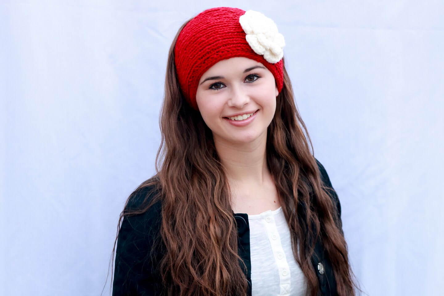 Red Flower Headband. Rose Crochet Wool Knit Ear Warmer. Hand  display picture 3