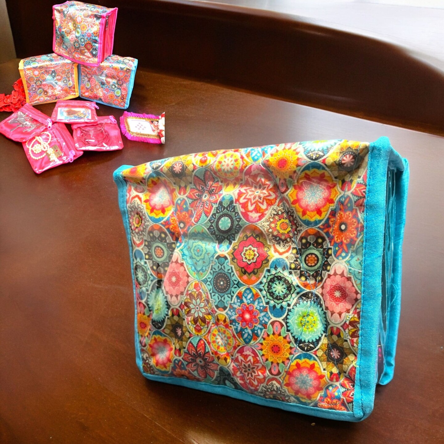 Flower Print Indian Jewelry Box Satin Pouches Jewellery Traveling Organizer Storage Bag with 4 Transparent Pouches Indian Wedding Favor Bridesmaid Gift