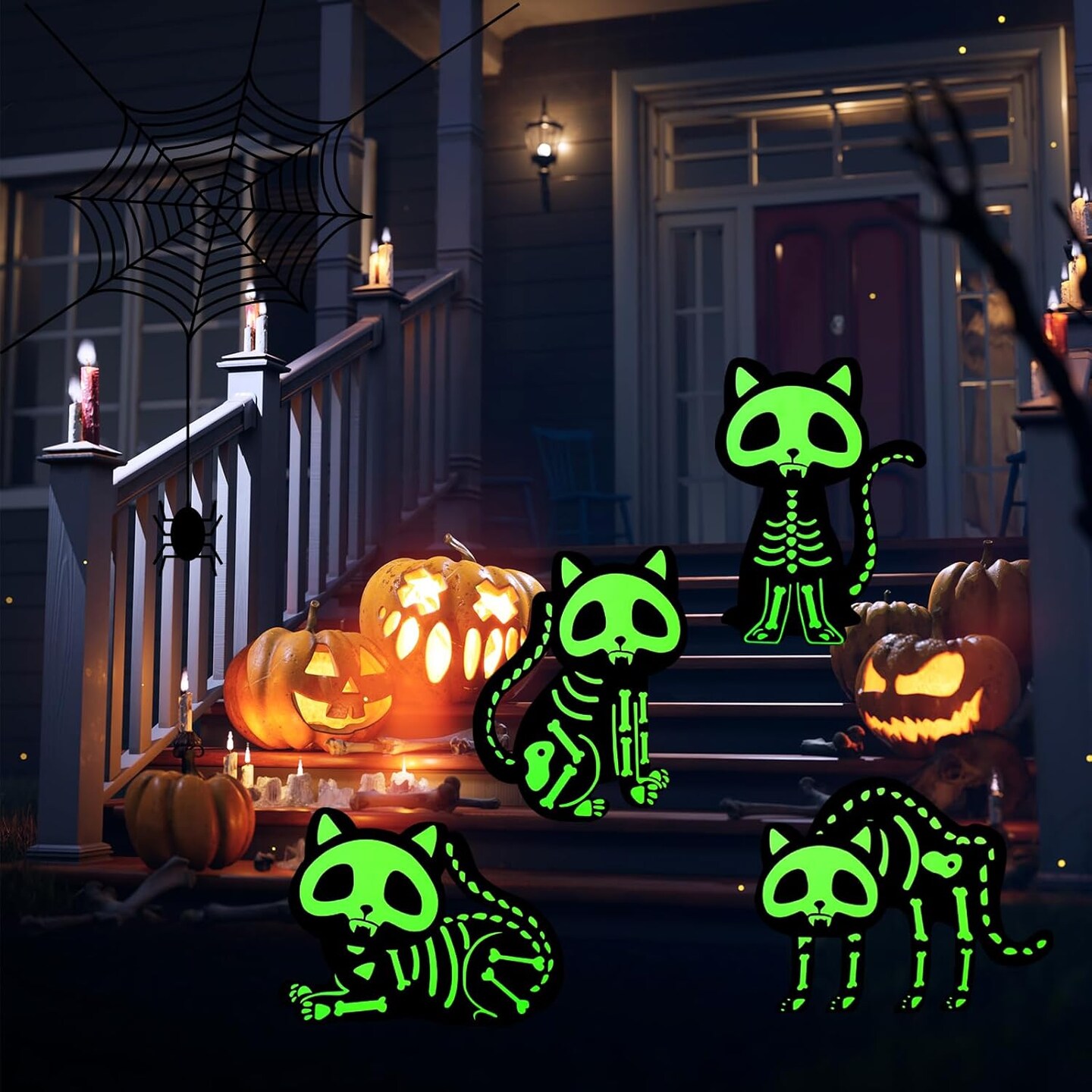 Glow in The Dark Cat Skeleton with Stakes for Spooky Halloween Yard Lawn Patio Garden Day of The Dead Decoration Supplies