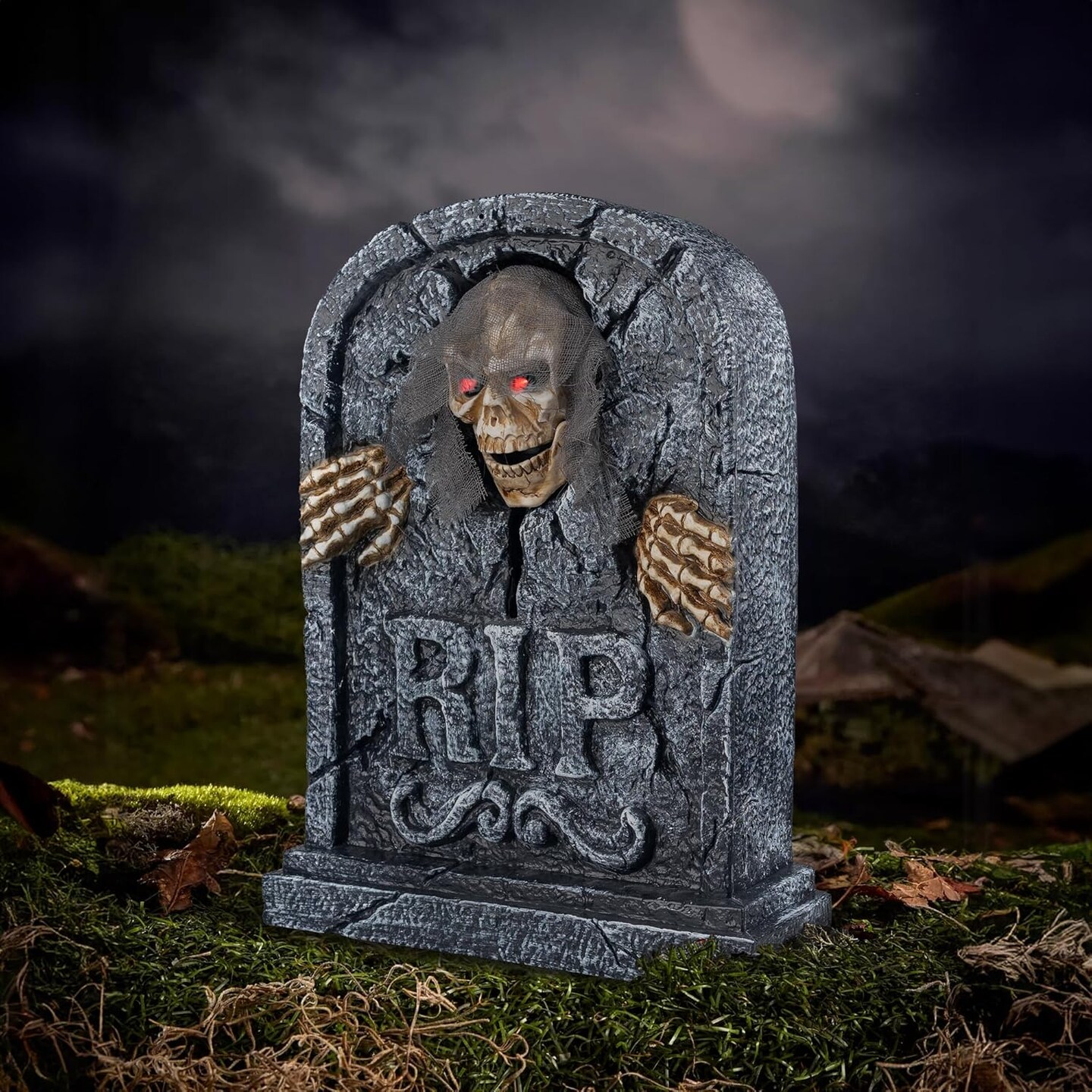 Motion Activated Halloween Animatronics Zombie Tombstone - LED Gravestone Decorations with Spooky Skeleton Skull Head, Light Up Eyes, Creepy Voice, Scary Motion Haunted Horror Prop for Indoor/Outdoor