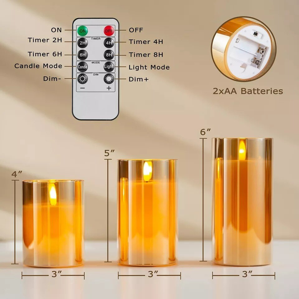 3Pack Gold Glass Flameless LED Candles with Remote Battery Operated Flickering