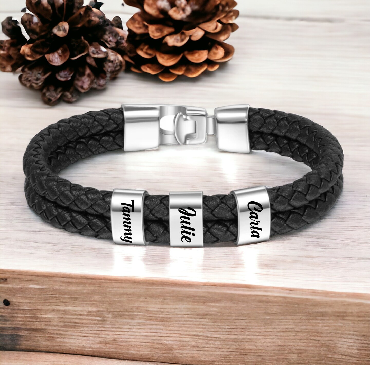 Mens Charm Bracelet: Personalized Leather Braid With Custom Name Beads - Stackable Woven Wristband For Men, Gift For Dad, Grandpa, Or Son: Jewelry
