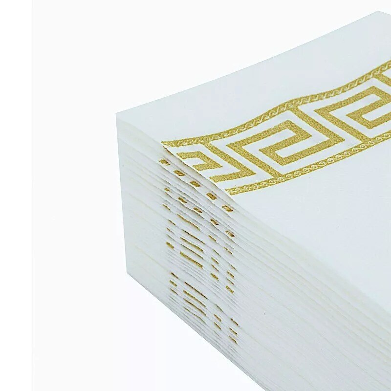 20 White Gold Airlaid Paper Napkins Metallic Greek Design Wedding Decorations