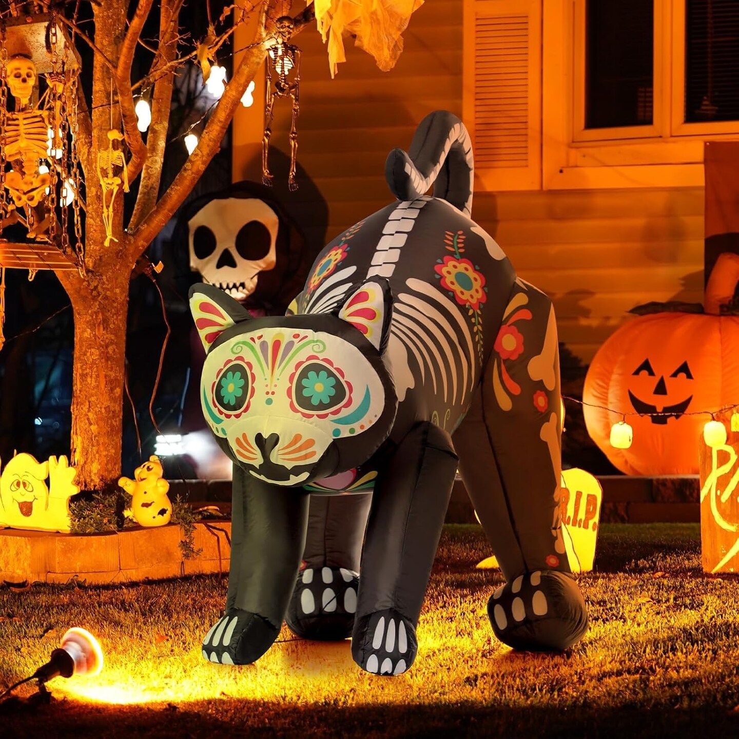 Day of The Dead Inflatable Skull Cat LED Blow Up Decor