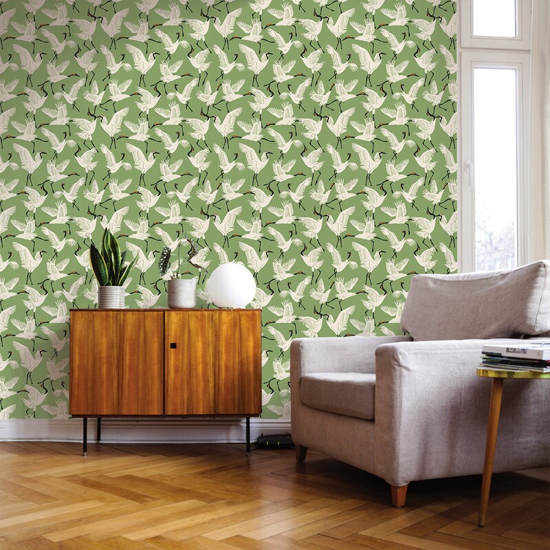 Tempaper Family of Cranes by Novogratz Peel and Stick Wallpaper Waverly Green