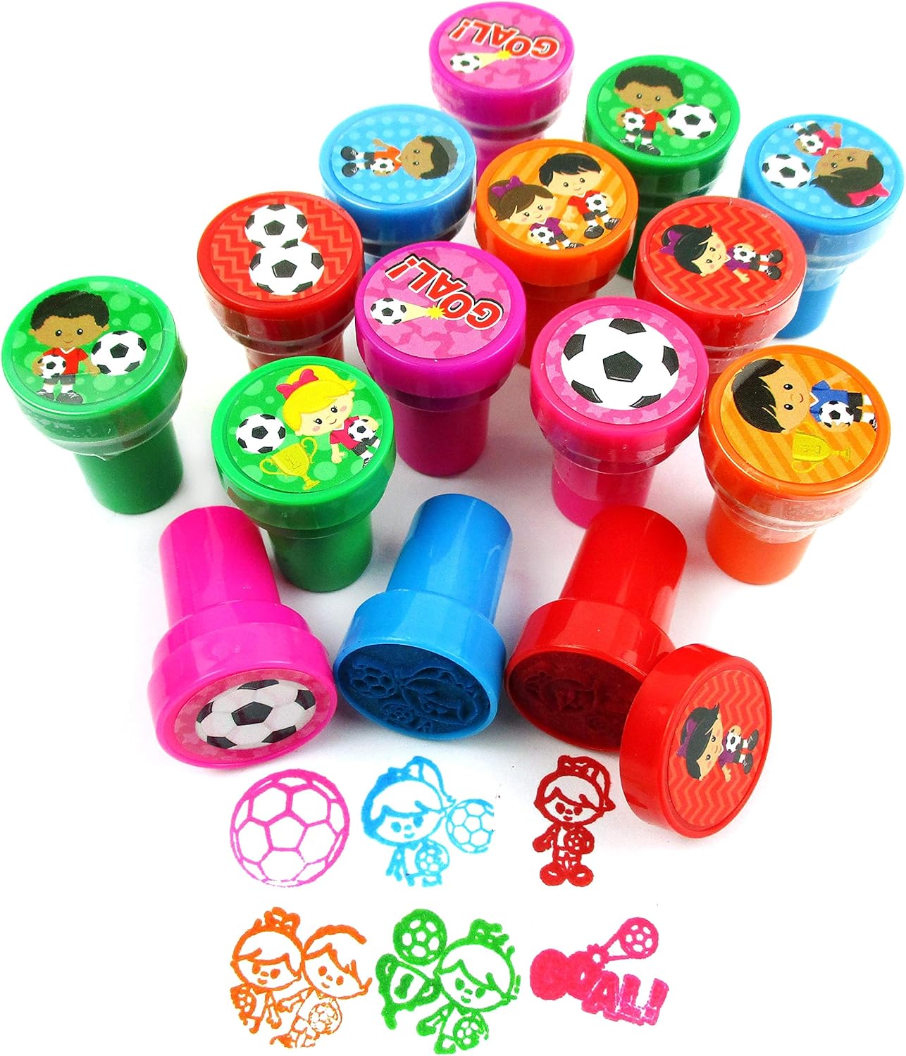 TINYMILLS 24 Pcs Soccer Stampers for Kids Party Favor Goodie Bag Stuffers Pinata Fillers Soccer Futbol Gifts Carnival Prizes Team Party Favor Rewards