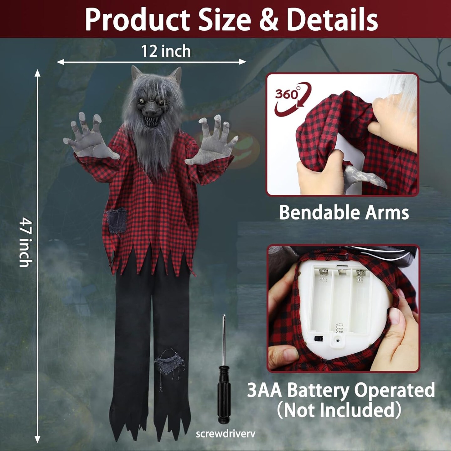 Motion &#x26; Howling Plaid-Clad Werewolf Animatronic Halloween Decoration Sound Activated, Light-Up Red Eyes Poseable Arms, 47 Inch Hanging Halloween Prop for Outdoor Haunted House Scary Decor