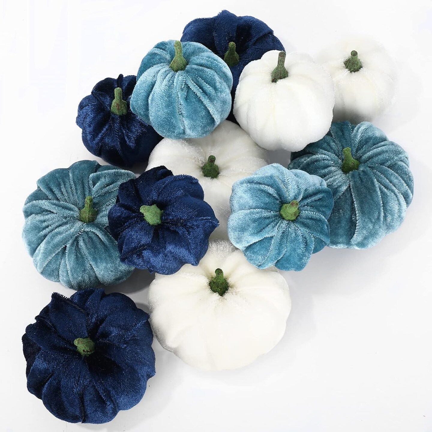 12Pcs Fall Velvet Pumpkin Blue White Artificial Pumpkins 2 Sizes Fake Fabric Pumpkin Autumn Table Centerpiece for Thanksgiving Halloween Party Mantel Farmhouse Decor