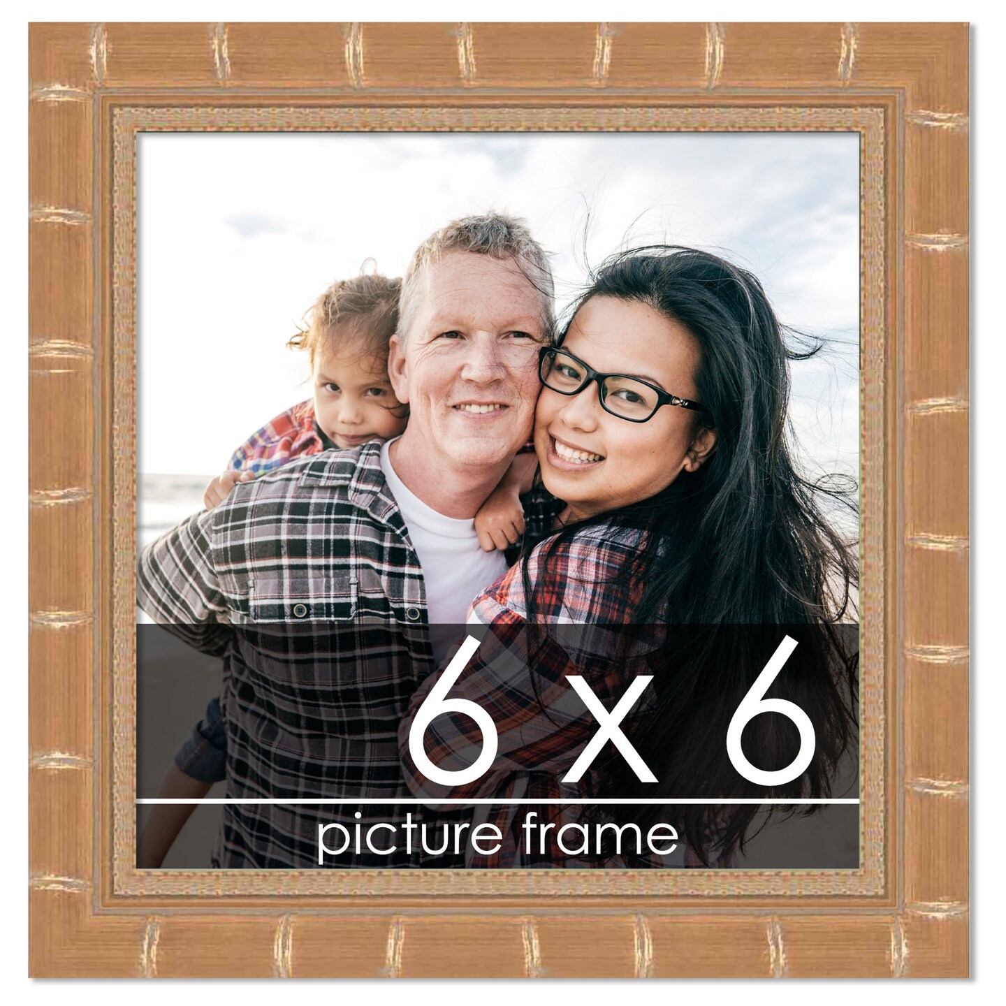 6x6 Gold Modern Bamboo Picture Frame - UV Acrylic, Foam Board Backing, Hanging Hardware