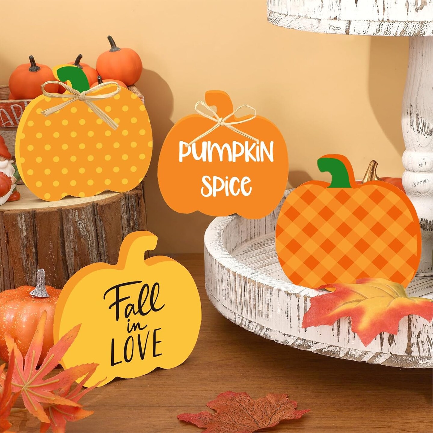 6Pcs Fall Pumpkin Wooden Sign Cutouts with Raffia