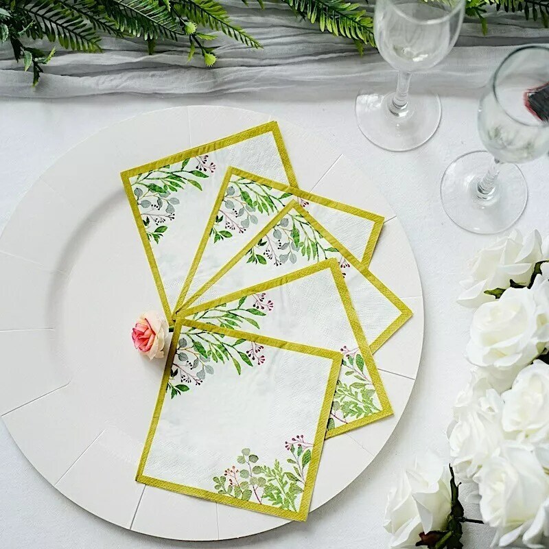 White 24 Square 10&#x22; Leaves Design 2-Ply Paper Dinner Napkins Gold Rim Events