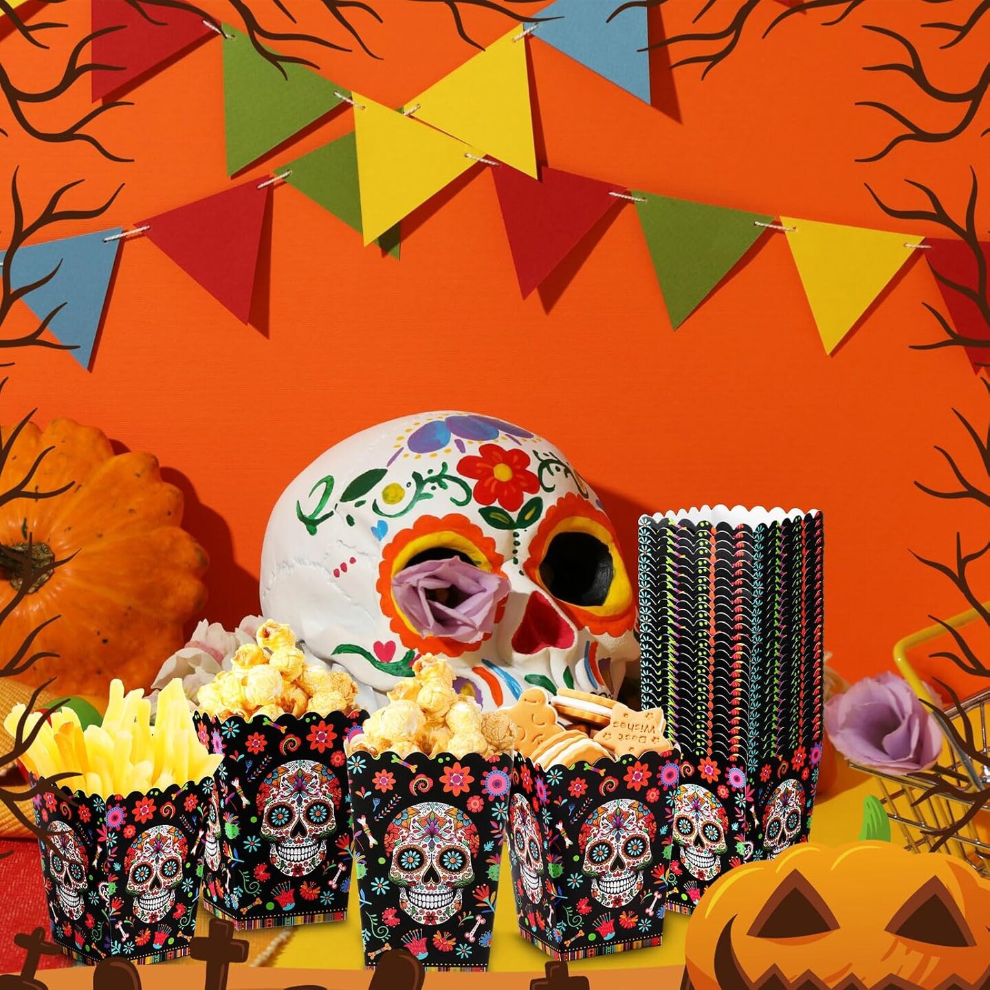 100 Pcs Popcorn Containers Bulk for Party Mini Popcorn Box Dia De Los Muertos Popcorn Treat Boxes Popcorn Bowls Snack Candy Box for Day of the Dead Flower Skull Theme Halloween Party Supplies