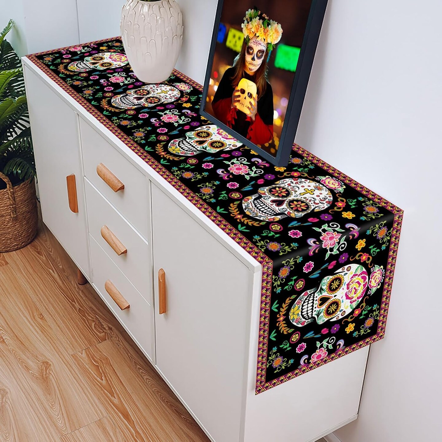 Day of The Dead Table Runner with Day of the Dead Place Mat for Day of the Dead Party Decorations