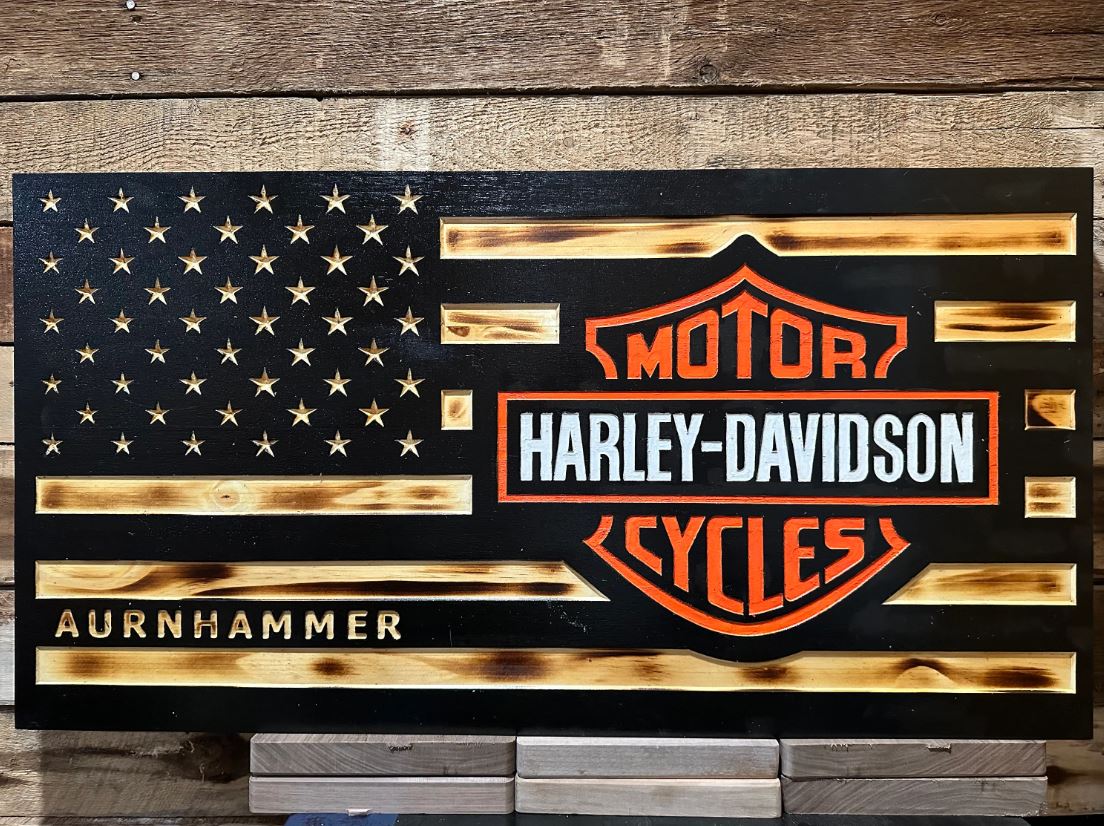 Harley Davidson Flag// Wooden American Flag// Birthday Gift// Harley Gift For Him// Harley Davidson Motorcycles// Motorcycle Themed Gift 2024