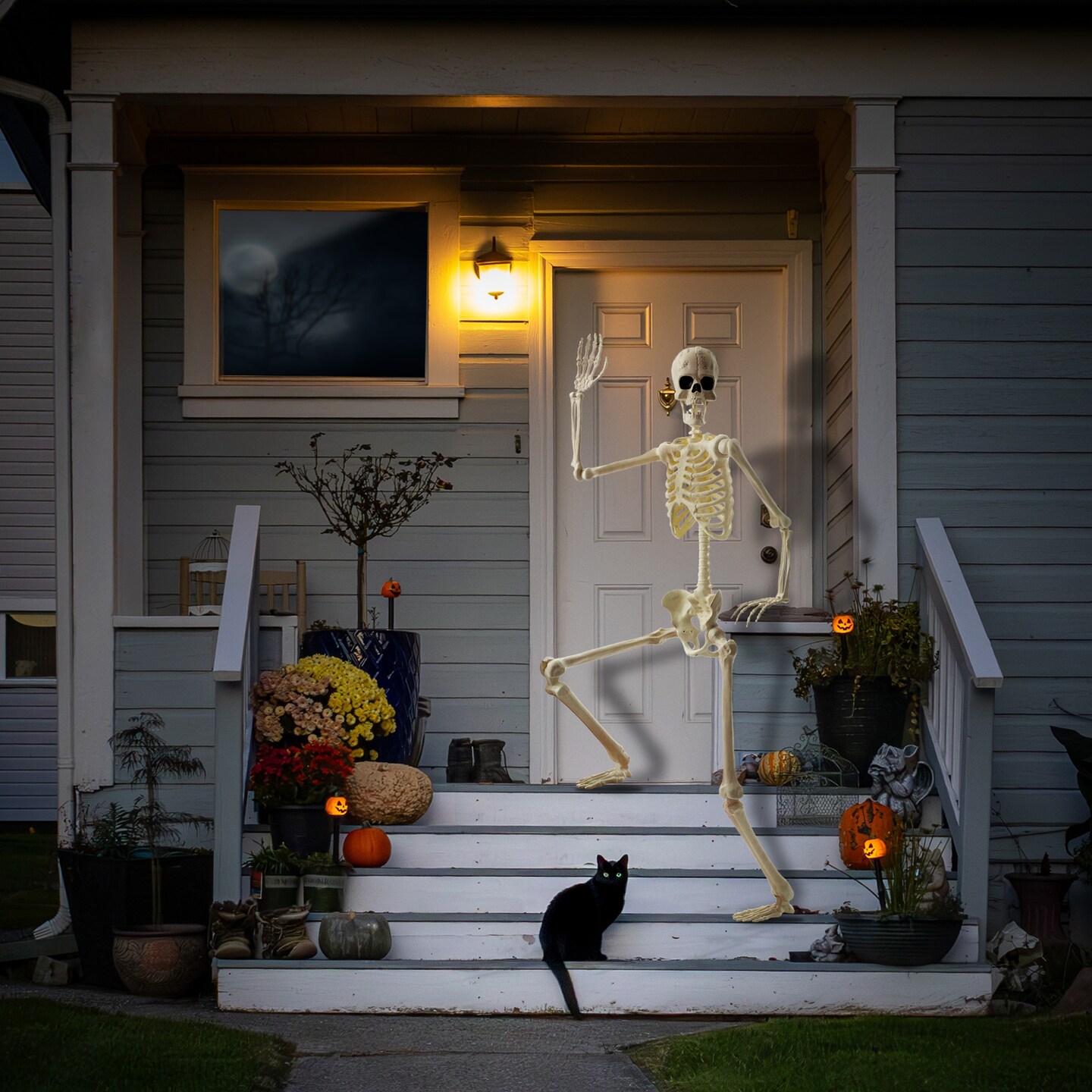 BOO BOX 74&#x22; Franken Skeleton, Life Size Posable Scary Halloween Skeleton Decoration for Outdoor, Porch, or Yard